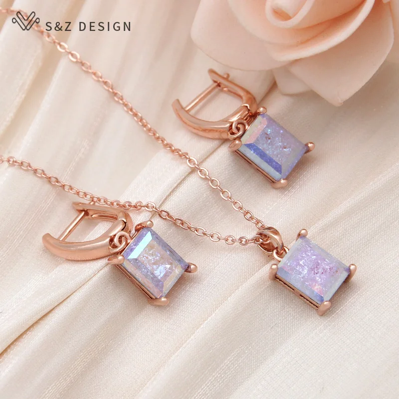 S&Z DESIGN New Fashion Rectangle Ice Crack Crystal Dangle Earrings Jewelry Sets For Women Pendant Necklace 585 Rose Gold Color