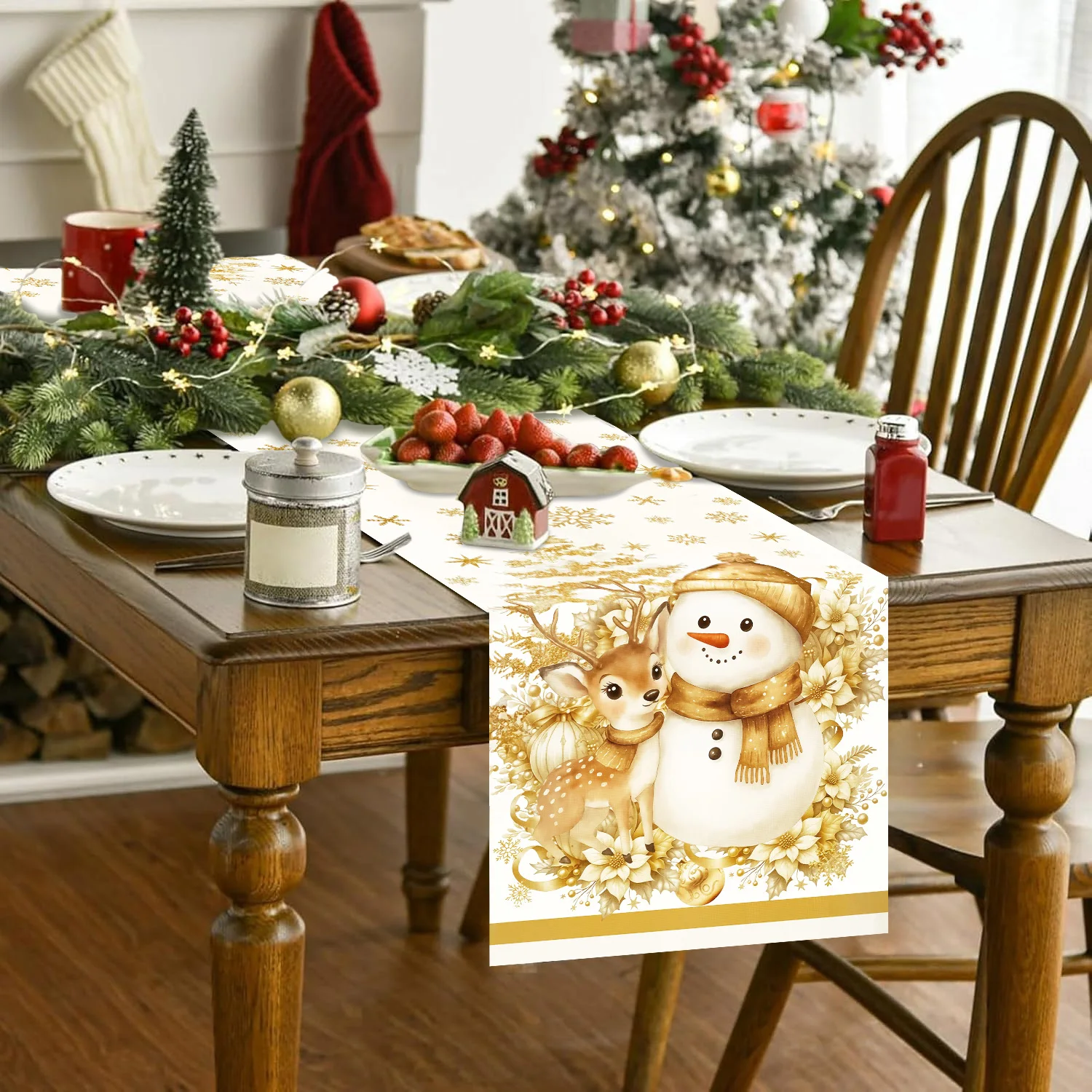 Weihnachtlicher Tischläufer aus Polyester/Leinen in Gold – ideal für Weihnachtsfeiern, Partys, Schneemann-, Elch- und Blumendekoration, winterliche Tischdekoration, Geschenkidee_voghion.com