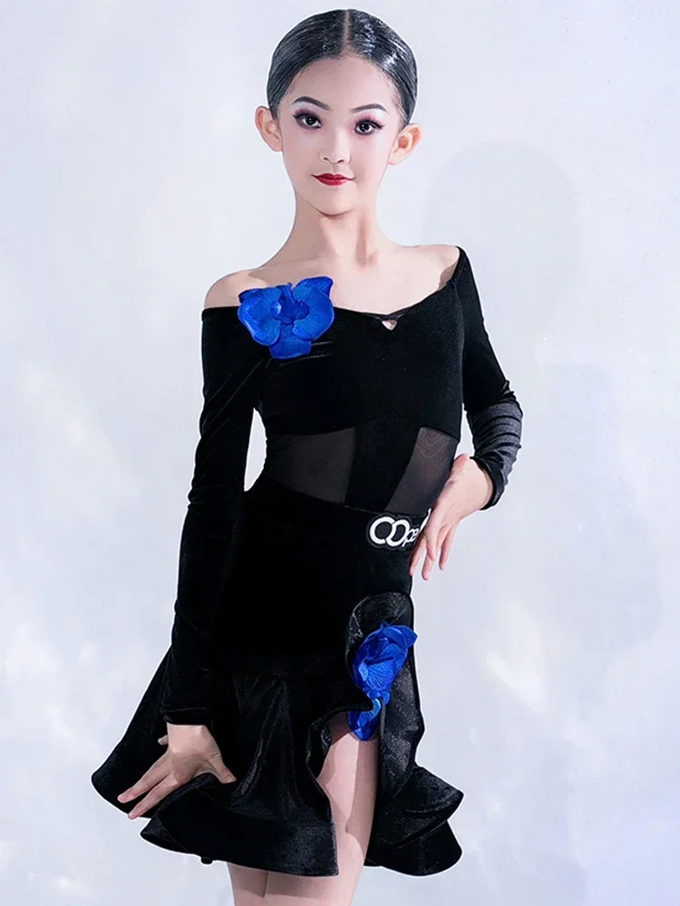 

2023 New Latin Dance Dress For Girls Winter Velvet Dance Clothes Long Sleeves Practice Wear Kids Performance Costume BL11617
