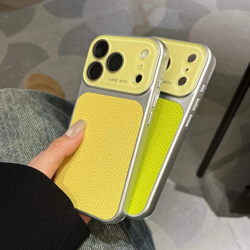 Deluxe Lychee Leather Textured Phone Case with Lens Protection and Shockproof Bumper
