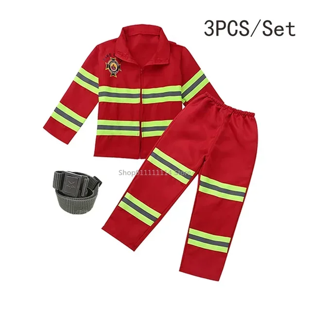 Kids Firefighter Uniform Costume Sam Fireman Cosplay Work Clothing Suit for Boys And Girls Performance Props Christmas Gift