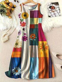 Summer Fashion Round-Neck Women's Dresses Botanical Floral Color-Blocked Patchwork Dresses Travel Party and Beach Dresses 1