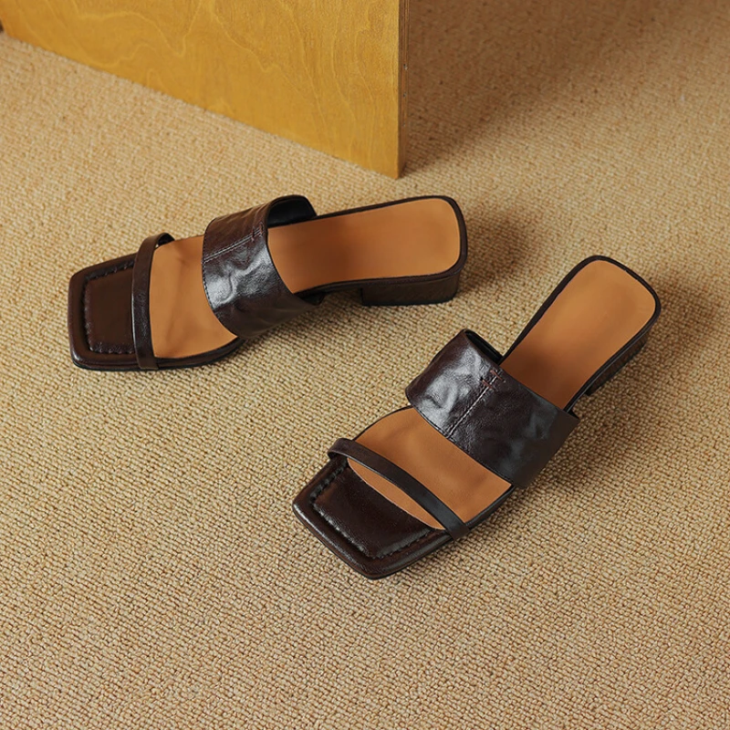 Square headed sheepskin exposed toe sandals for women's external wear