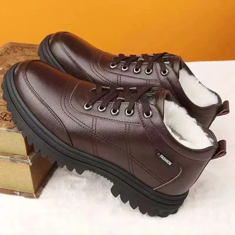 Men's Winter Casual Leather Cotton Shoes Solid Colour Padded Thickened Warm Fur Fashion Waterproof