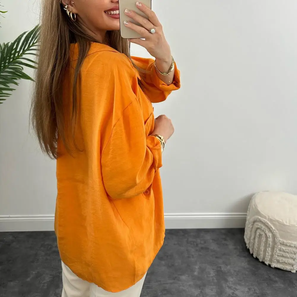 

Women Shirt Chic Mid-length Women's Blouses Loose Fit Single-breasted Buttoned with Turn-down Collar Patch Pockets for Spring