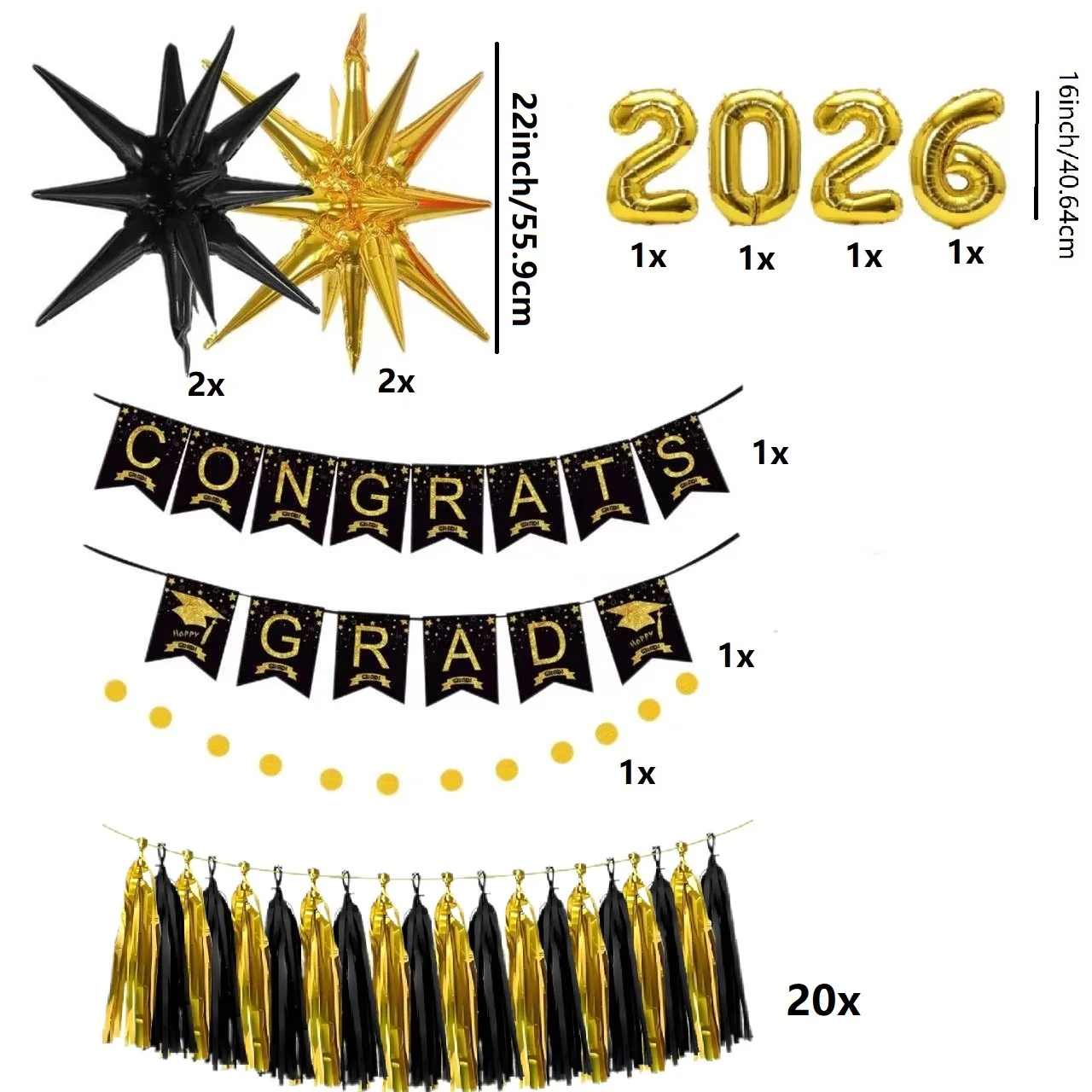 31개 2026 블랙 골드 졸업 테마 배너, 원형 배너, 골드 블랙 종이 태슬 풍선, 졸업 파티 장식