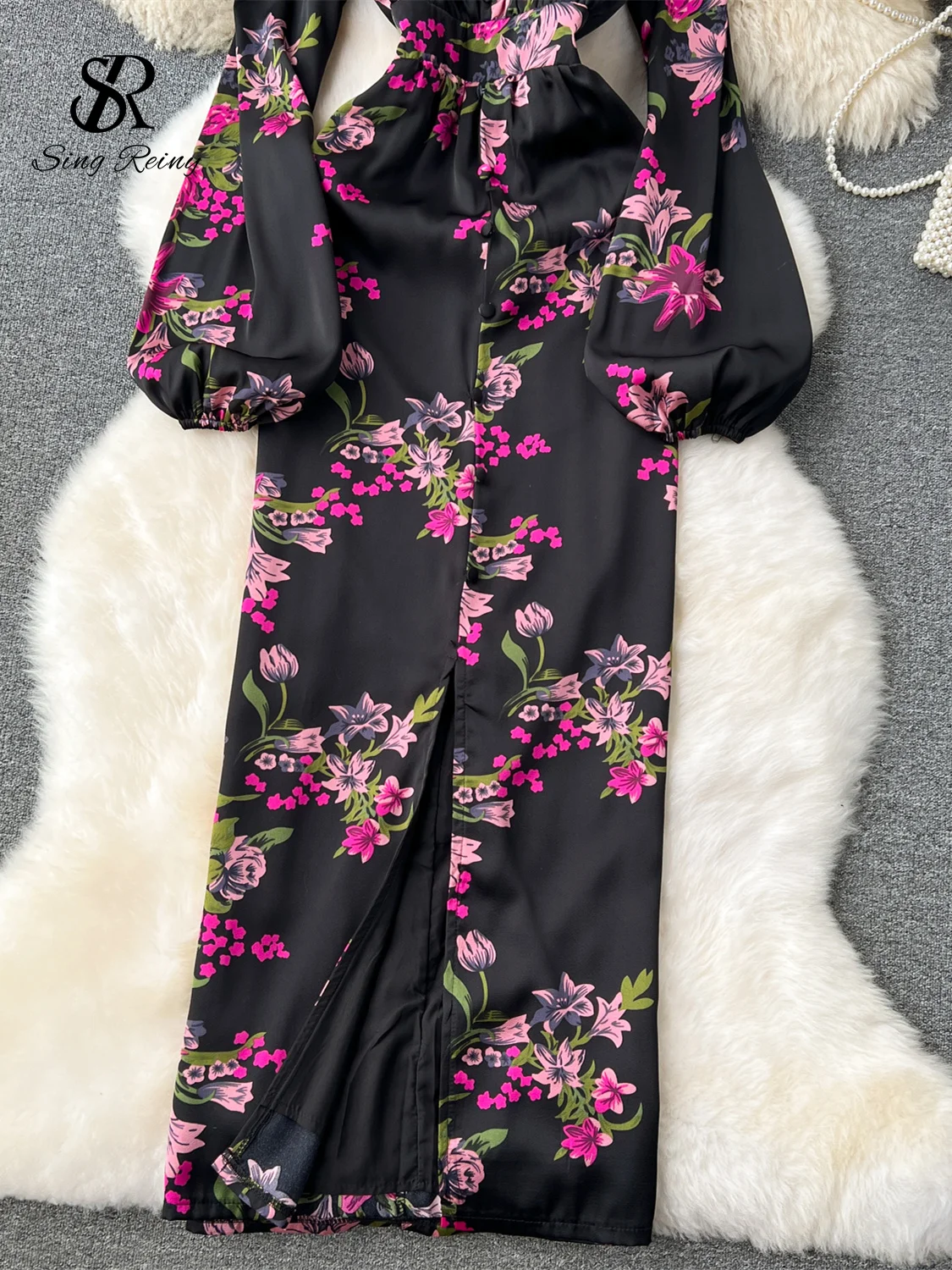 ★韓国人気★I AM MARI★SHIRRING LONG DRESS Korean Dress Mesh Embroidery | High Quality Dress Korean
