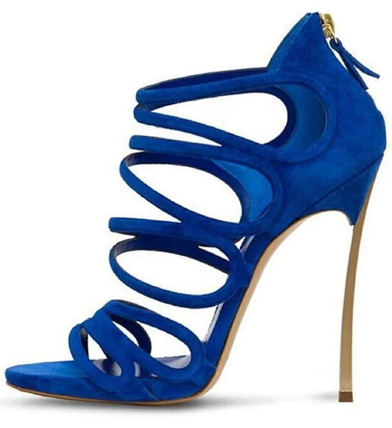 

Gold Blade Metal Heels Strappy Sandals Blue Red Suede Hollow High Heel Cage Shoes Open Toe Cross Strap Runway Shoes
