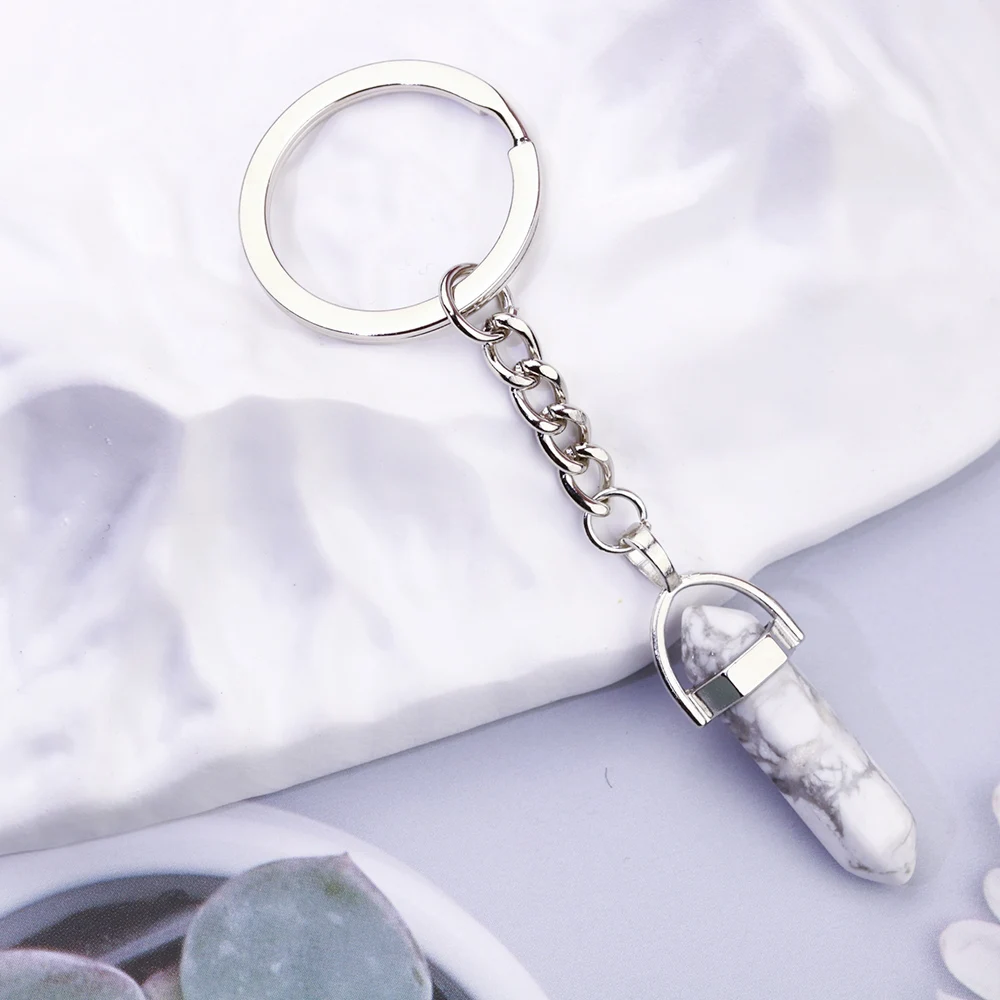 20pcs Natural Six Angle Raw Ore Stone Keychain Crystal Quartz Women Men Car Key Ring Holder  Keyring Jewelry