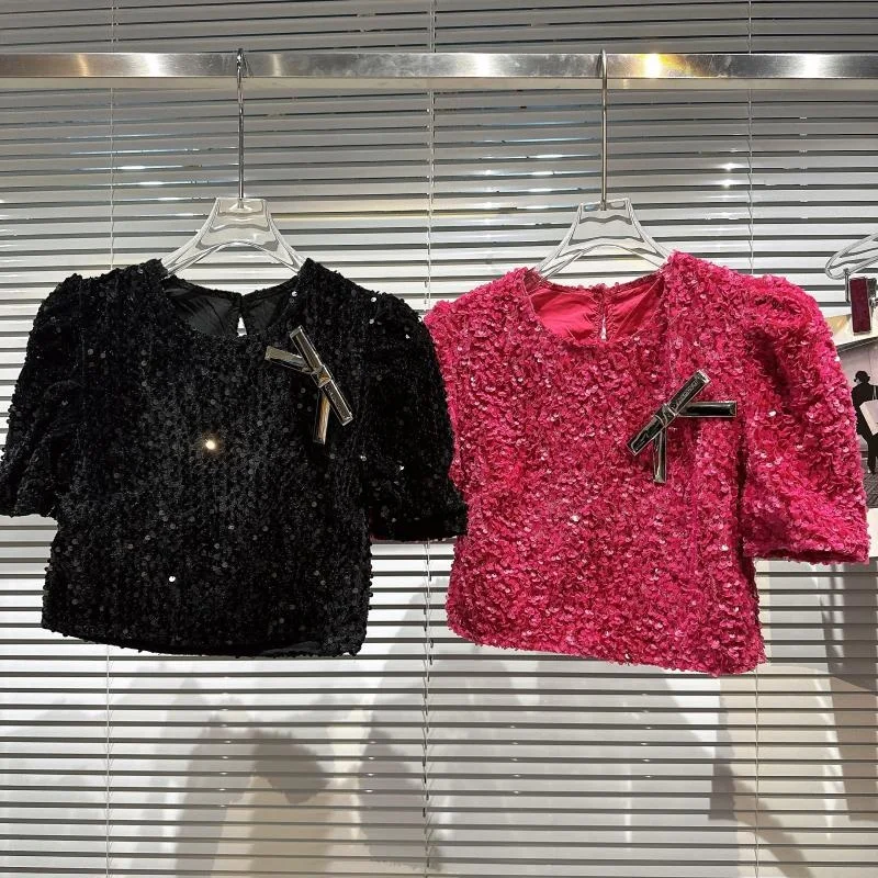 

Spring 2023 New Bubble Sleeve T-shirt Short Women's Fashion Sequins Shiny Small Black Rose Red High Quality