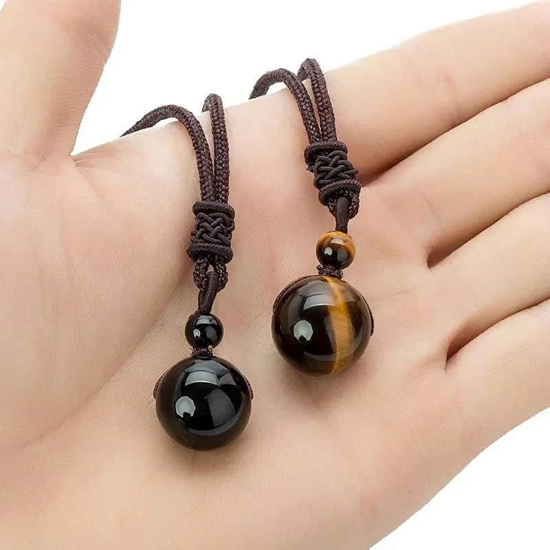 Pendant Necklace 14mm Tiger Eyes Obsidian Beads Natural Stone Pendant Adjustable Fashion Charm Jewellery Carved Amulet Gifts For Men Her Pendant Necklace Silver Necklace