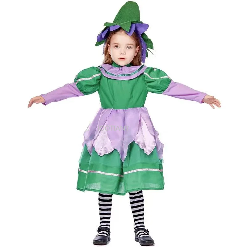Green Girls Flower Fairy Elf Cosplay Outfit Children Halloween Goblin Costumes Carnival Purim Parade Role Play Party Dress