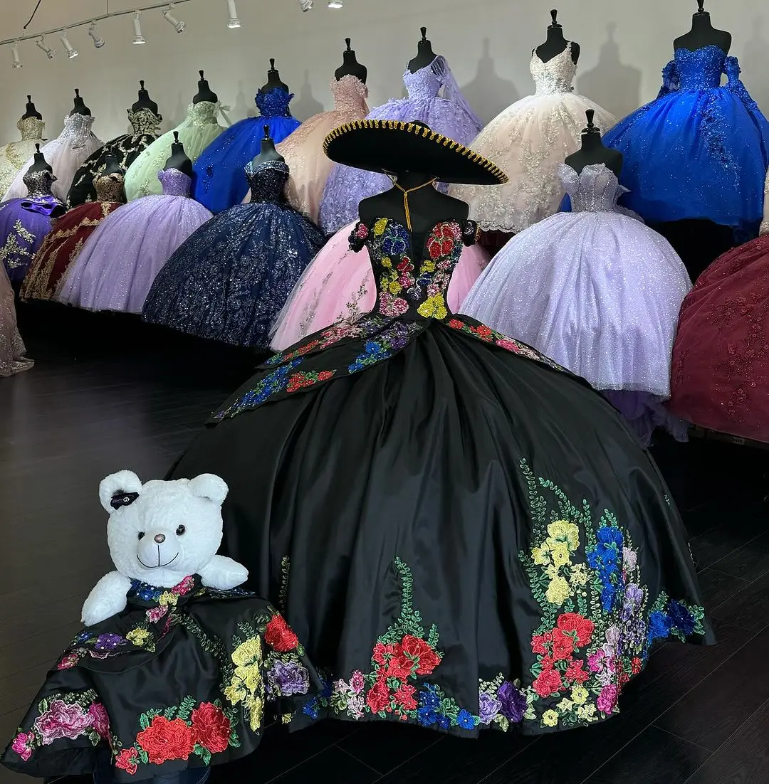 

Mexican Themed Off the Shoulder Black Quinceanera Dress Multi Color Embroidery Flowers Deep V Neckline Ball Gown with Train