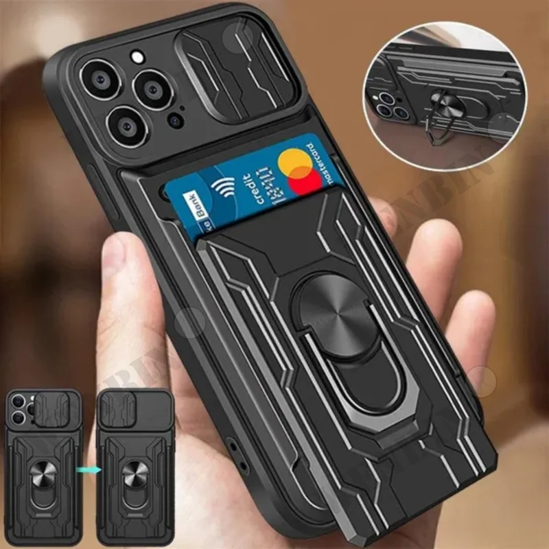 Case For iPhone 14 13 12 Pro Max XR X 8 7 Plus SE Slide Stand Ring Camera Military Grade Card Slot Cover_voghion.com