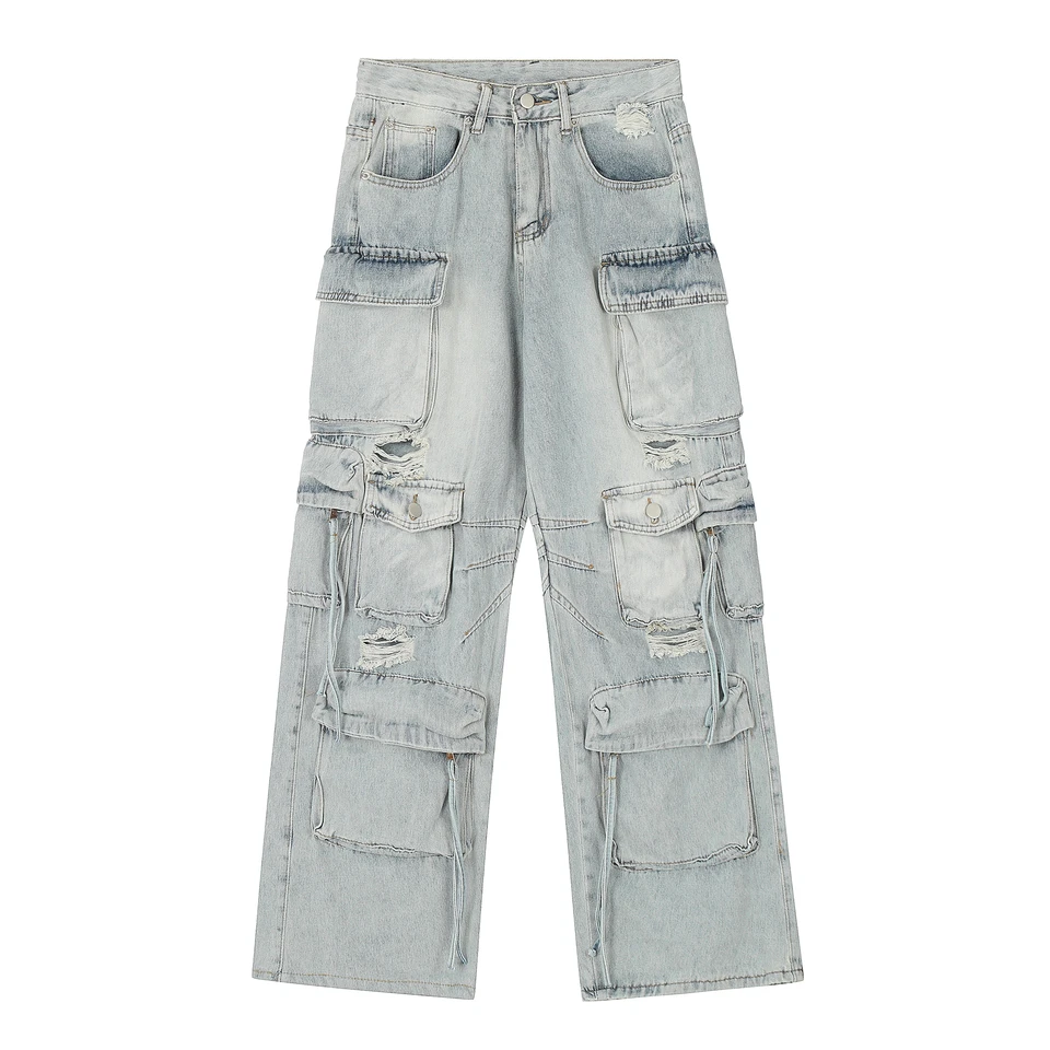【AKM】Retro Ripped Multi-pocket Cargo Jeans Vintage Ripped Cargo Jeans with Multiple Pockets – ArtsKoreanMan