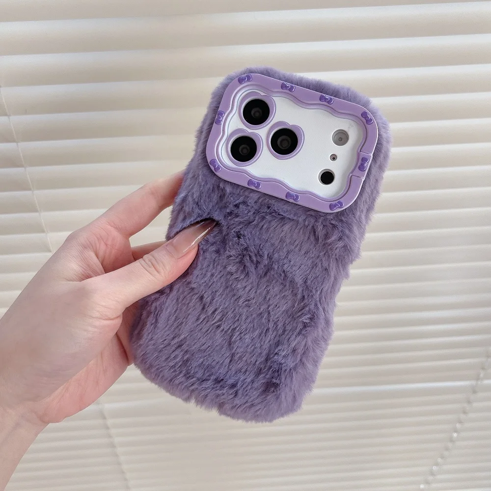 Cozy Autumn Winter Plush Phone Case with Holder - Furry Fluffy Shockproof Cover