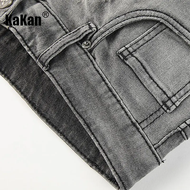 Kakan - New High Street Washed Hole Zippered Jeans for Men, Black Grey Slim Fit Long Jeans K24-JX5578