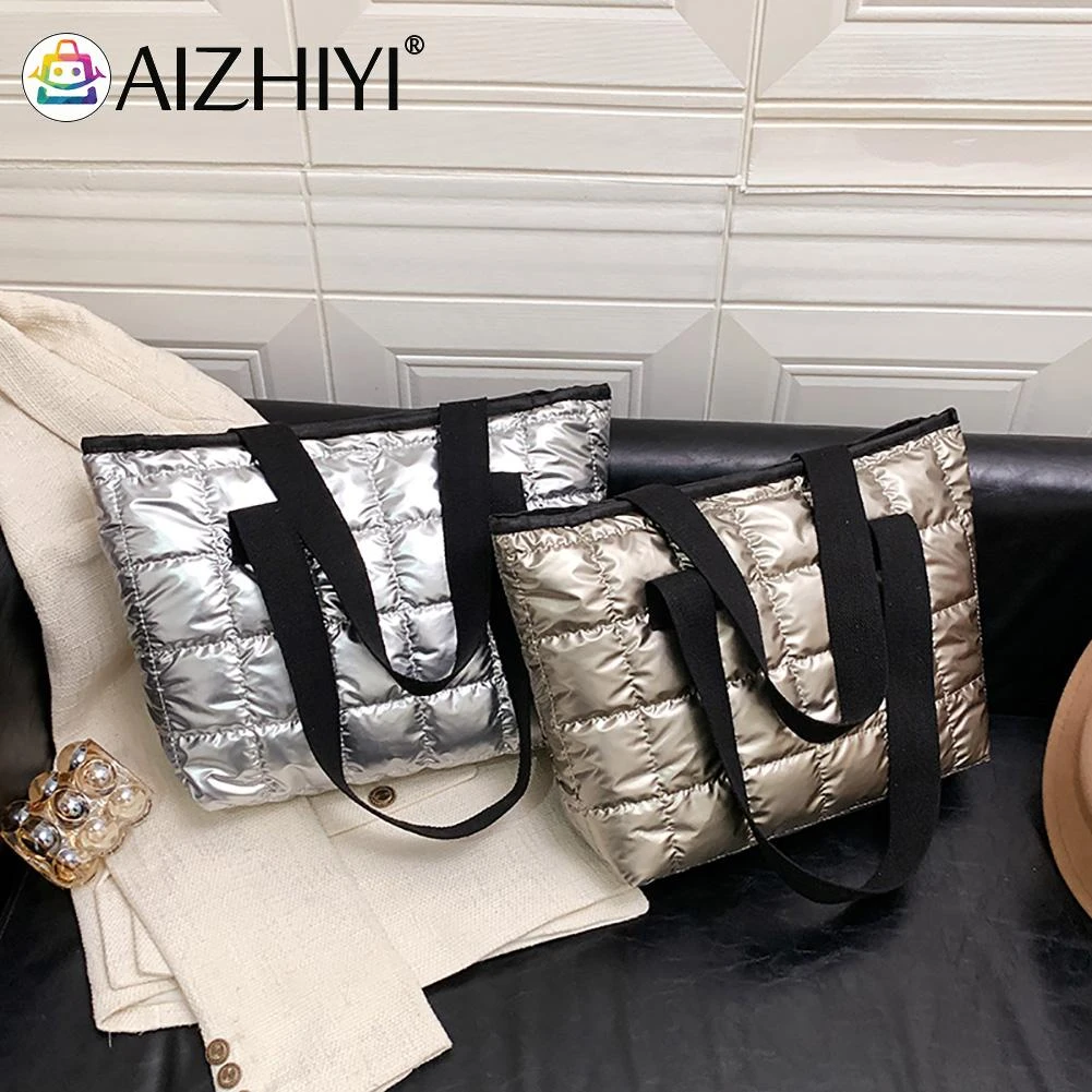 Bolso de mano acolchado nailon y algodón para mujer, bolsa con asa superior gran capacidad, Color sólido, para invierno|Bolsos de - AliExpress