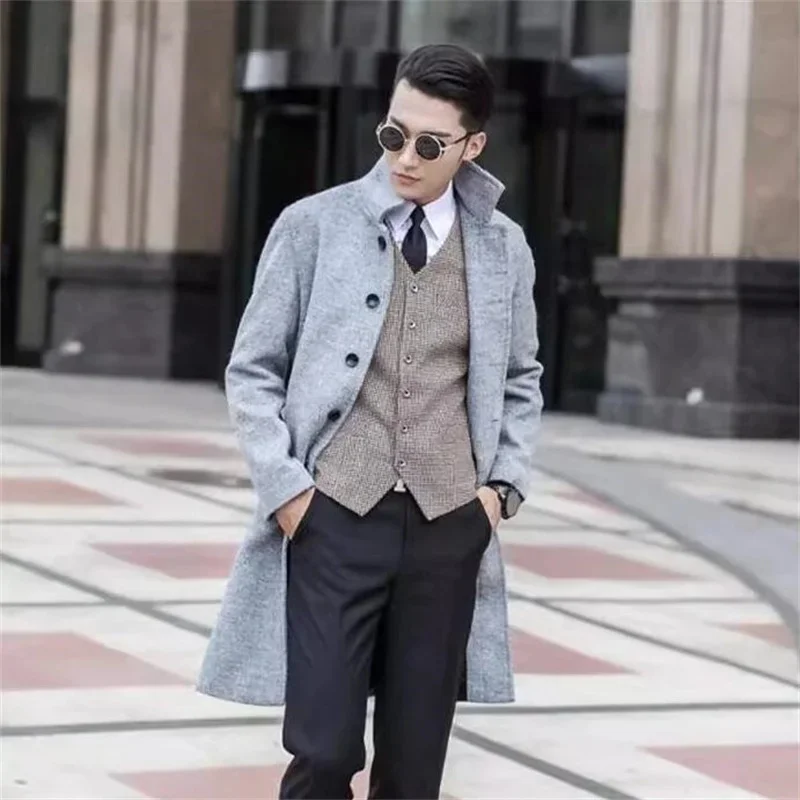 

Autumn Winter Long Woolen Coat Men Fashion Casual Atmosphere Middle-Aged Young People'S Light Gray Oversized Casaco Masculinos