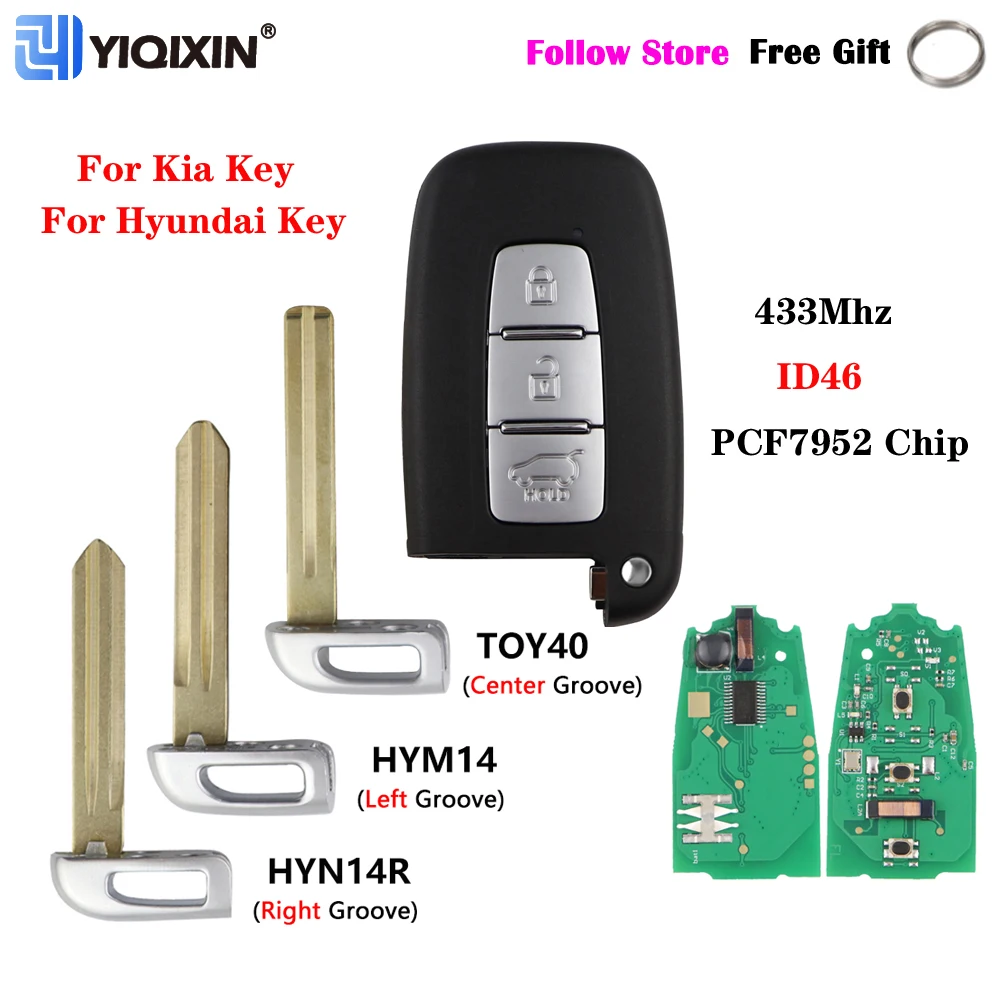 YIQIXN Remote Car Key Fob 3 Buttons 433MHz PCF7952 ID46 For Kia K2 K5 Sportage Sorento For Hyundai Sonata Genesis Equus Veloster