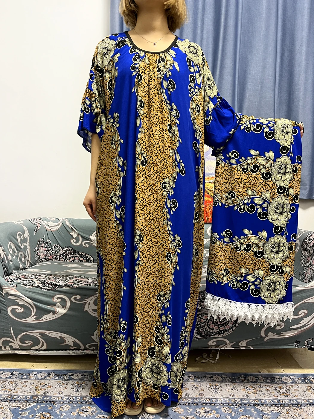Abayas For Women Dubai Turkey Muslim Cotton Round Neck Floral African Long Dress Loose Novelty Robe Femme Musulmane Big Scarf