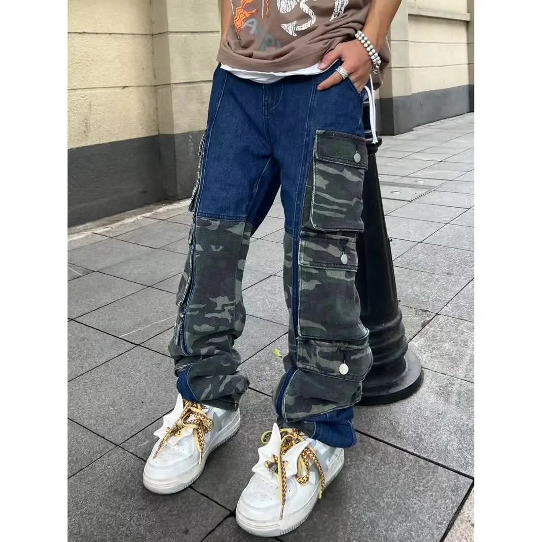 

New 2024 Original American Multi Pocket Camo Workwear Spliced Jeans for Men and Women's Personalized Loose Straight Pants