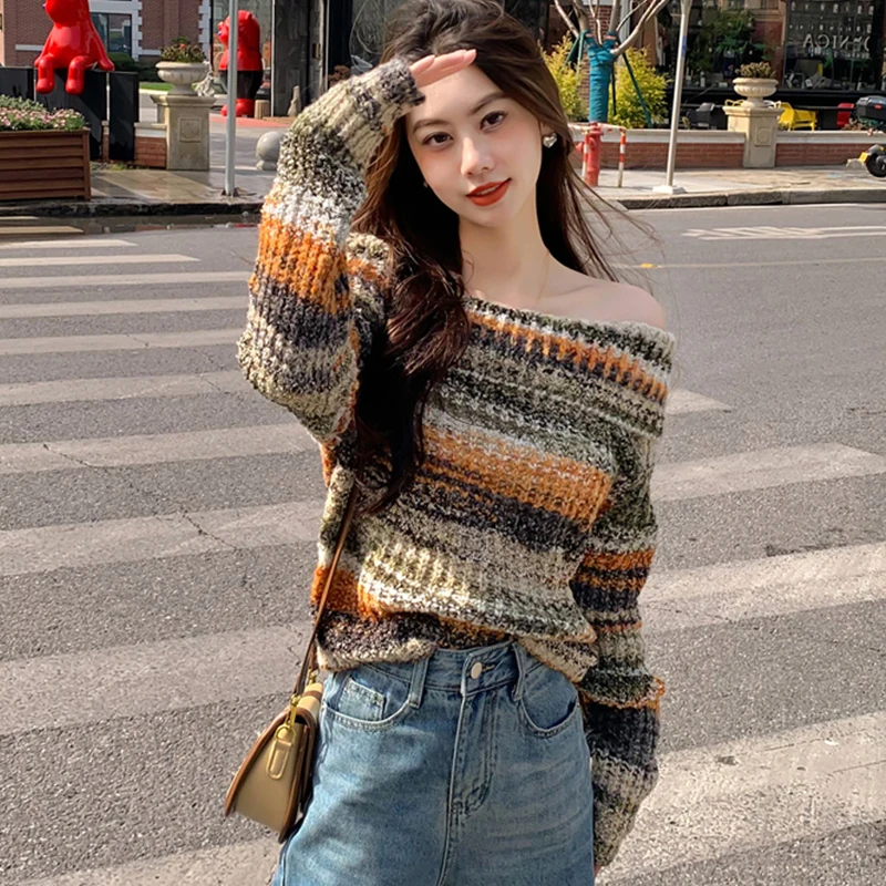 

Sexy Lady Slah Neck Off Shoulder Ruffles Casual Sweater Korean Fashion Knitted Tops Autumn Women Striped Pullovers Jumpers 2023