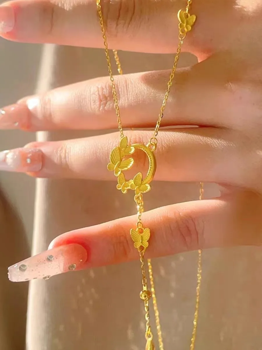 Butterfly Necklace 9999 real gold 24K Women's Light Luxury High-end Butterfly Integrated Chain Collarbone
