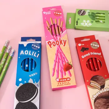 Matite 2B, Confezione da 12 con Disegni di Biscotti e Snack, Mine a Lunga Durata, Matite a Fusto Rotondo Stile Calligrafia, Matite in Legno