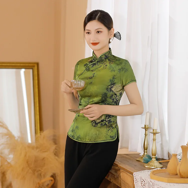 Vintage Chinese Mandarin Collar Tang Shirt Women Traditional Top Flower Print Performance Clothing Hand Button Satin Blouse images - 6