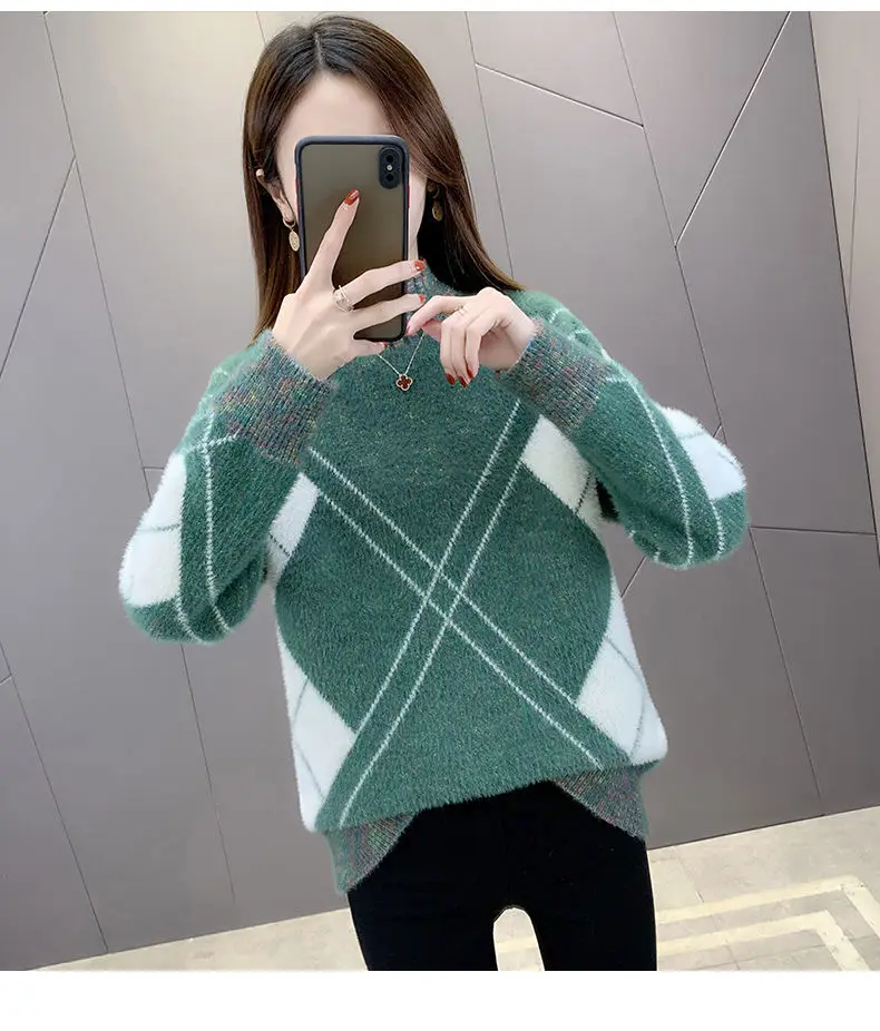 Sweaters Colorblock Imitation Mink Velvet Sweater Pullover Women New Autumn Winter Clothes Half Turtleneck Sweater Jumper  Female Tops red cardigan Sweaters