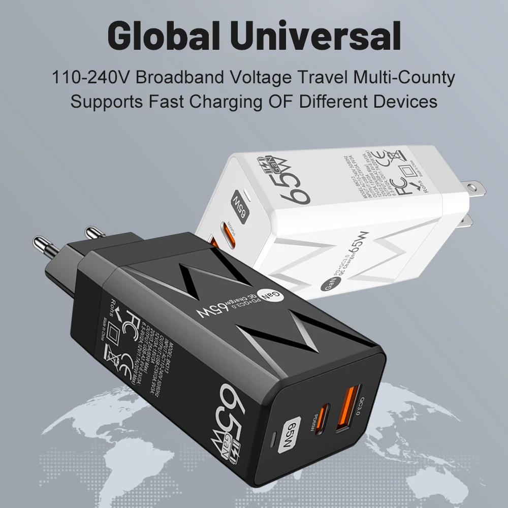 65W GaN 충전기 PD QC3.0 고속 충전 어댑터 노트북 아이폰 삼성 화웨이 EU/US/KR 플러그용 듀얼 포트 USB C 벽면 충전기