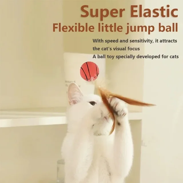 Interactive cat ball toy with feather elastic color bouncy ball indoor kitten adult cat hunting chasing sports game pet toy 5