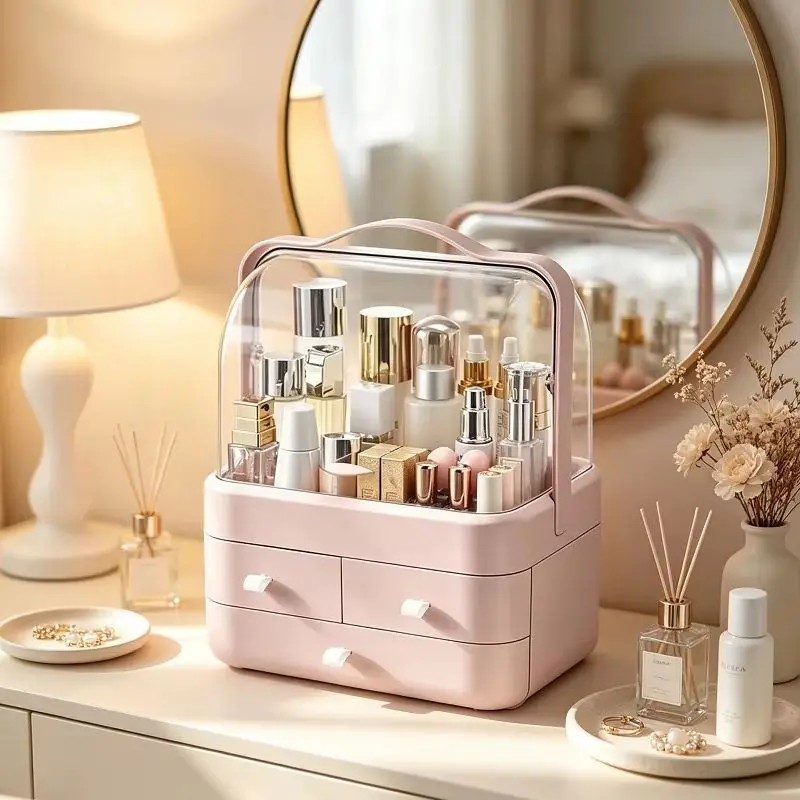 Elegant Dustproof Makeup Organizer with Portable Handle - Large Capacity Cosmetic and Jewelry Storage Box