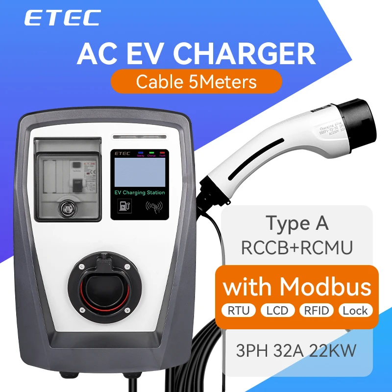 EKEC 7.6kw 32a type 2 electric vehicle charger car charging station 22kw wallbox ev charger screen 220v single/three phase.