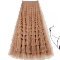 Sweet Layered Cake Me Skirt Elastic Waist Princ Long Dr Korean Sle High Waist Polyester Fabric Mid-Length Skirt