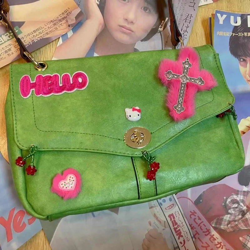 MBTI Vintage Hello Kitty Womens Shoulder Bag Y2k Green Original Cross Harajuku Style Crossbody Bag Fashion Luxury Female Handbag
