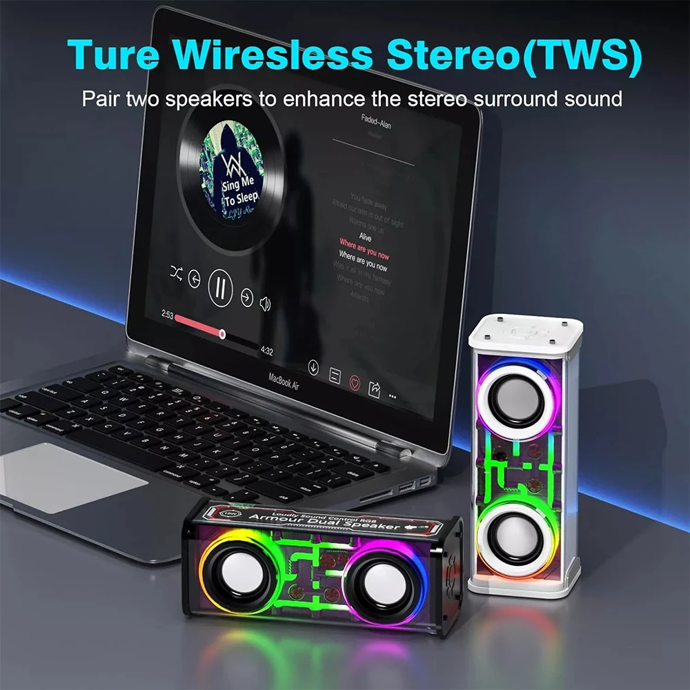 V8 Transparent Mecha Speakers Bluetooth 5.0 Wireless Double Bass Diaphragm Subwoofer Music TWS RGB Light Mini Party Loudspeaker