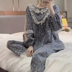 QWEEK Sleepwear Set Woman 2 Pieces Pajamas Vintage Ruffles Bow Pyjamas Nightwear Pijamas Trouser Suits Spring Autumn Home Wear