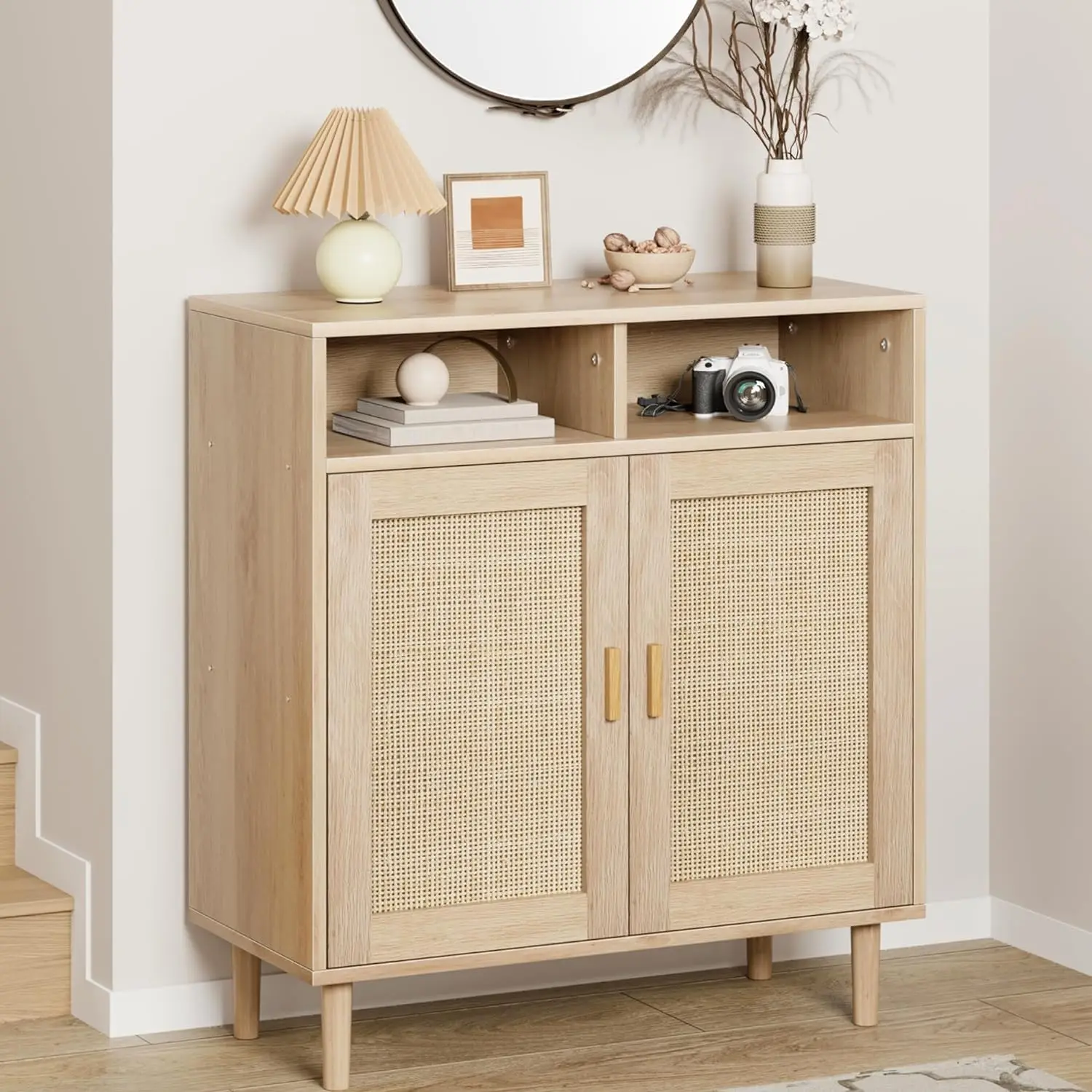 Sideboard-Buffet-Aufbewahrungsschrank, Rattan-Küchenschrank mit 2 Türen/Regal, Akzent, modernes Esszimmer, Wohnzimmer, Eingangsbereich, Flur, Kaffee – Detail 1