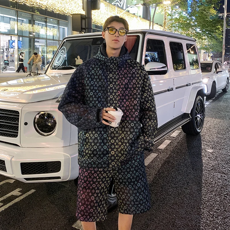 

2023 Men Mesh Sun Protection Sets s Winbreaker Summer Long Sleeve Jacket Shorts Pants Brand Tracksuit Male Clothing