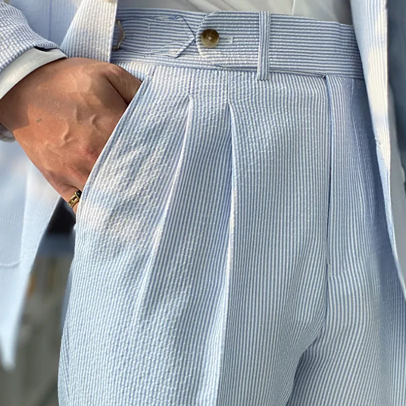 

Spring Seersucker High Waist Straight Pants British Petty Bourgeoisie Blue Stripe Italian Casual Trousers Men Pantalones Hombre