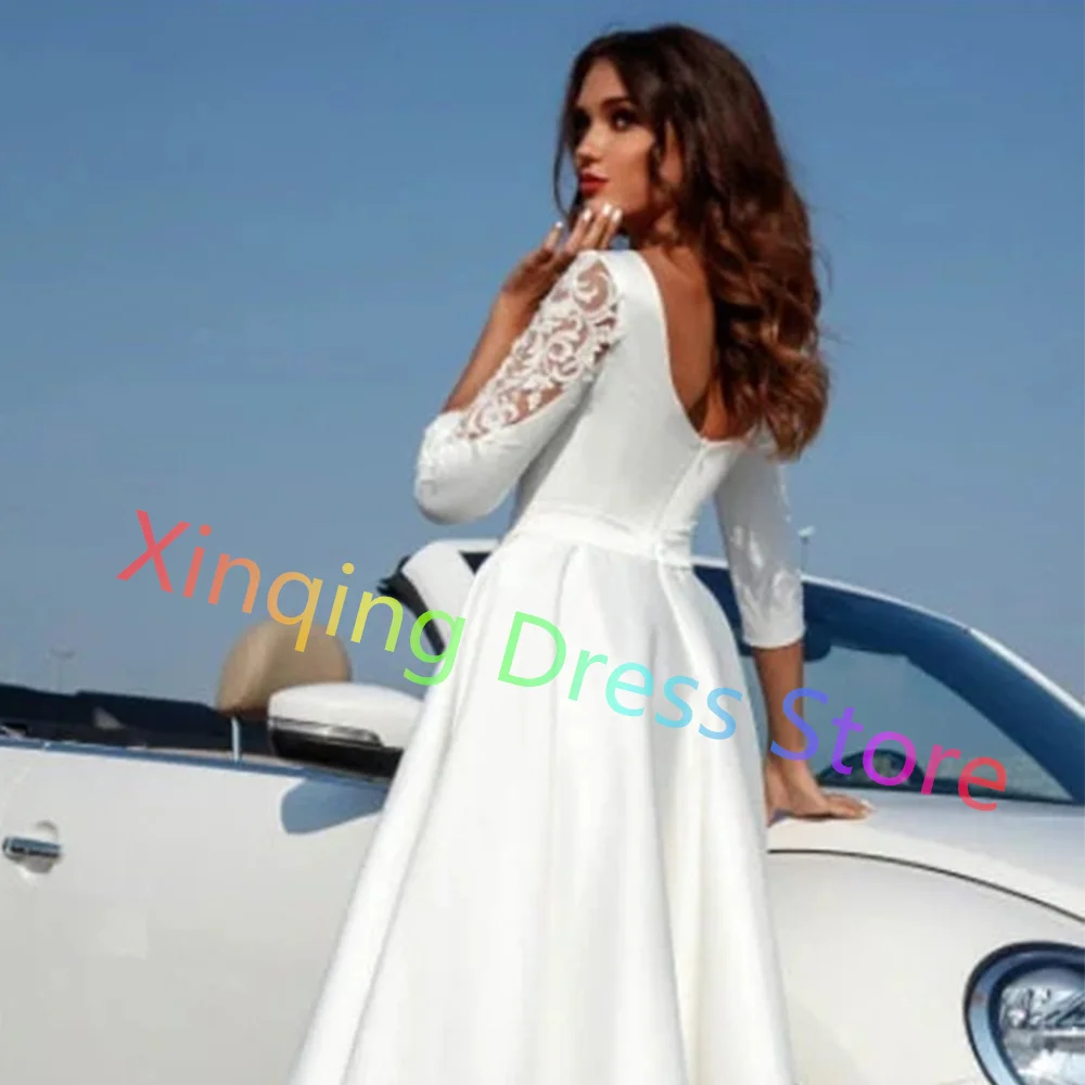 Minimalist White Short Wedding Dresses Elegant Tea Length Scoop Appliques 3/4 Sleeves Bridal Gowns Zipper Back Made wedding dresses