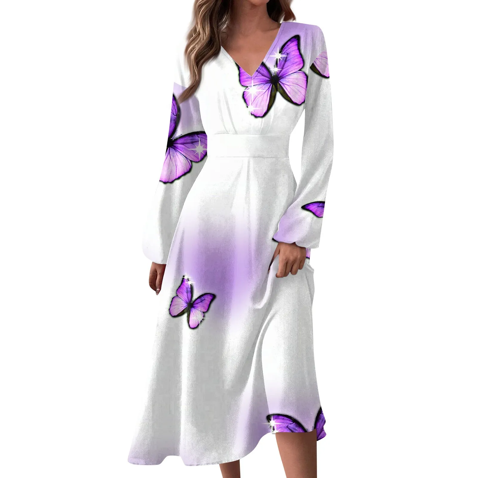 

Women's Spring And Autumn Casual Fashion V-neck Long Sleeve Floral Printed Long Dresses A-Line Skirt faldas para mujeres