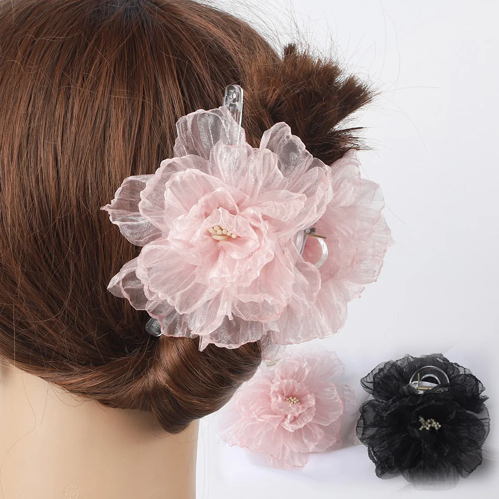 Organza Big Flower Hair Claw Clips Crab Barrettes Women Girls Transparent Ponytail Holder Hair Clamps Hair Accessories Fashion topqueen s300 wedding dress belts elegent pearl chain bridesmaid bridal dress sash women s accessories plus size organza ribbon