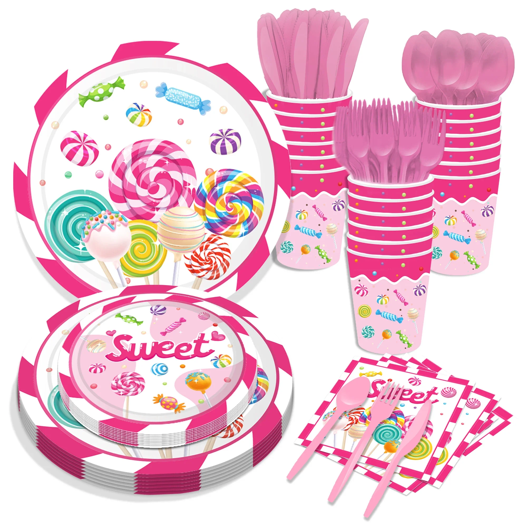 

Sweet Girl Cartoon Lollipop Candy Birthday Party Paper Disposable Tableware Set Dessert Plates Cups Napkins Baby Shower Supplies