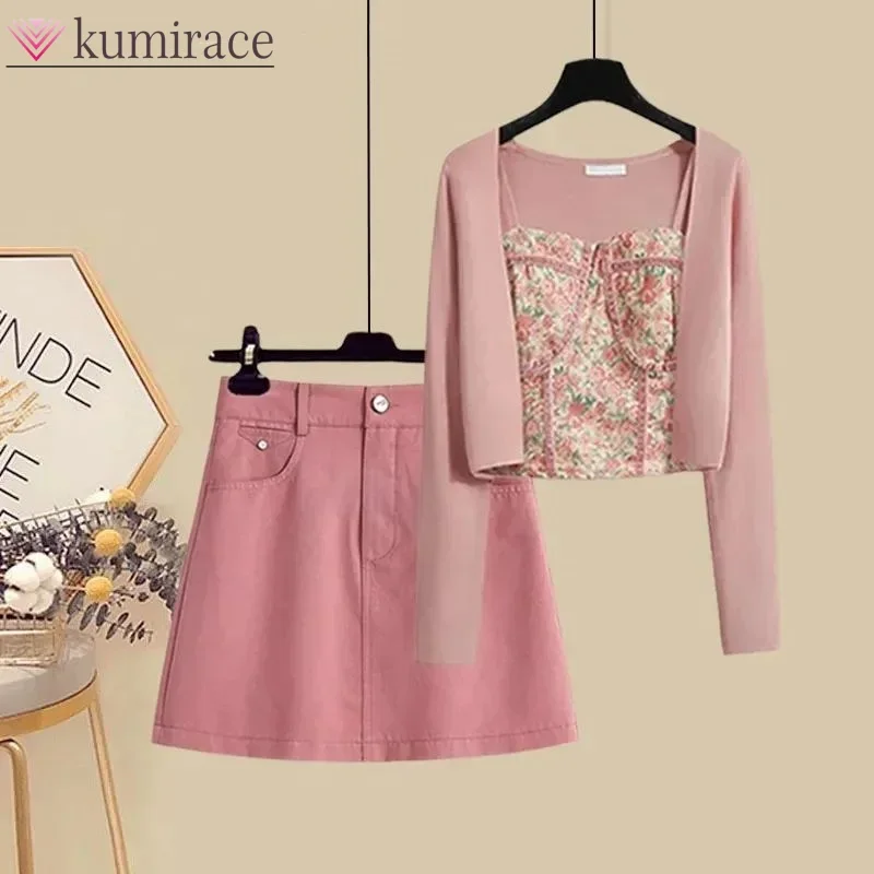 Summer Suit 2024 New Plus Size Women's Cardigan Floral Suspender Bag Hip Skirt Three-piece Set