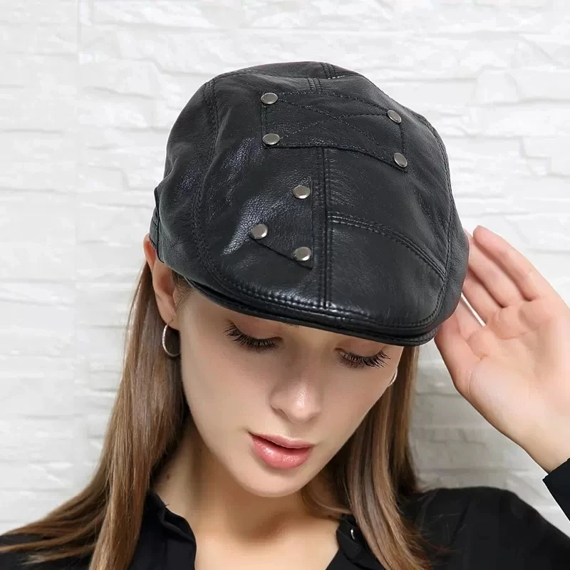 

2023 Unisex Brand Genuine Leather Beret Hats Male Fashion Forward Caps Black Rivet Duckbill Adjustale Casquette Boina Trucker Ca