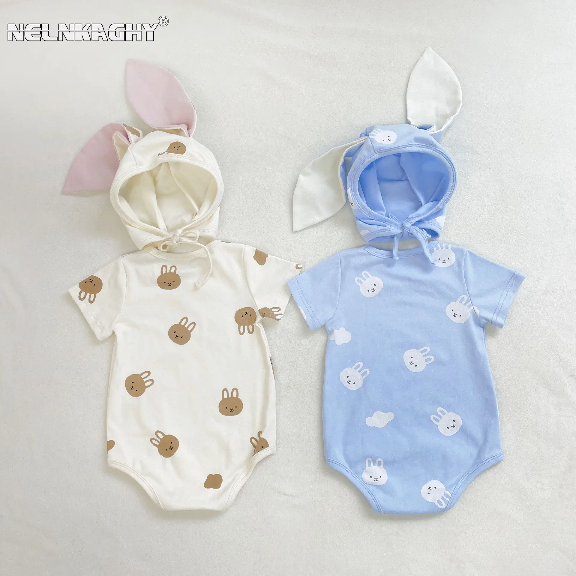 

Cute Cartoon Bunny One-Piece Bodysuits+Hat Set for Newborns Toddlers, Infant Kids Baby 95% Cotton Clothes - Perfect Summer!