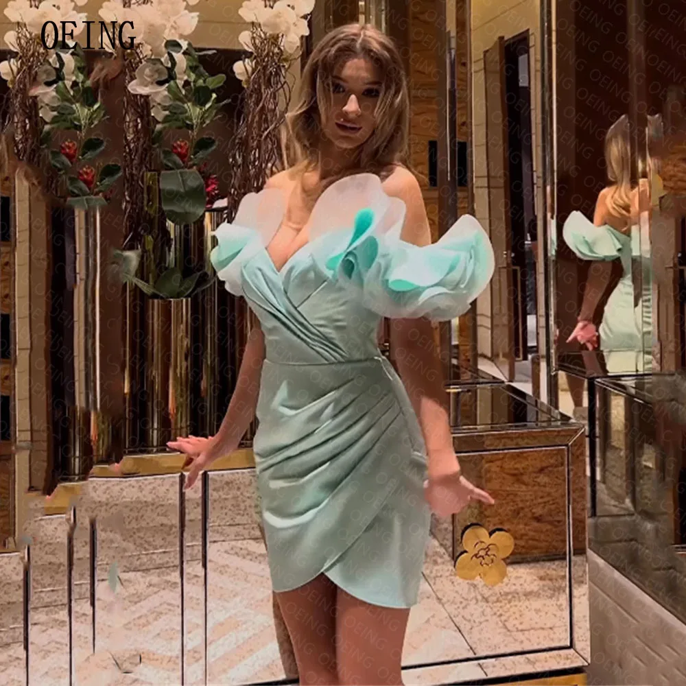 

OEING V-neck Off The Shoulder Green Short Formal Evening Party Dresses Pleats Above Knee Beach Cocktail Prom Gown 2023 Modern